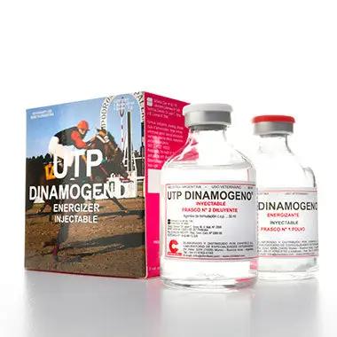 UTP Dinamogeno injectable camel supplement with energizer formula for horses, shown with powder and diluent vials beside branded packaging.