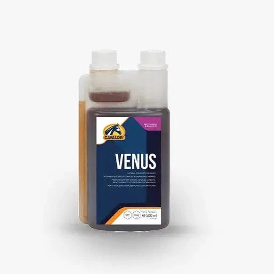 Cavalor Venus 500ml calming supplement for horses, veterinarian-recommended for hormonal support and reproductive health in mares.