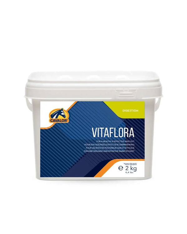 Vitaflora 2kg container for horses by Cavalor, a digestive support solution with probiotics and prebiotics for improved gut health and feed efficiency.