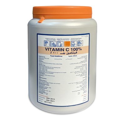 VITAMIN C 100% feed additive container for poultry, sheep, and cattle. Supports immune system, reduces stress, and promotes animal health.