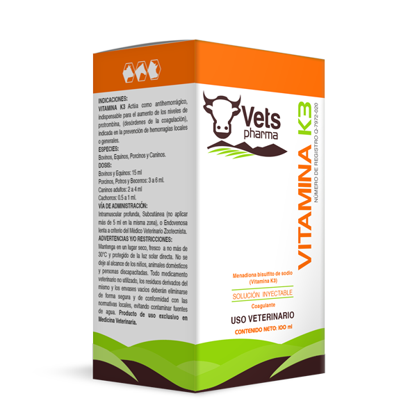 Vitamin K3 for animals by Vets Pharma, injectable supplement for blood clotting support in cattle, horses, and dogs. Veterinary use only, 100 ml.