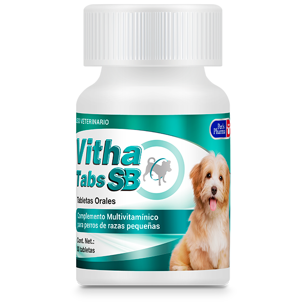 Vitha Tabs Sb multivitamin supplement for small breed dogs, supports digestion, bones, coat, and immunity. Bottle with dog image and teal label.