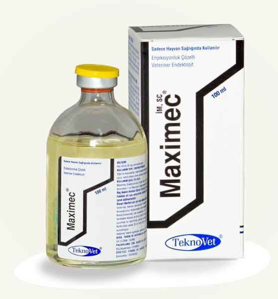 MAXIMEC veterinary injection solution by TeknoVet, 100 ml bottle and box for treating internal and external parasites in sport horses and camels.