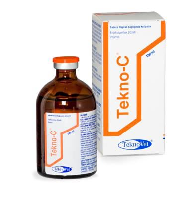 TECHNO C veterinary vitamin C injection by TeknoVet, 100 ml brown glass bottle with box for animal health and immune support.