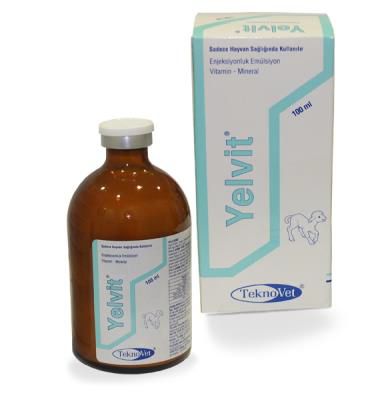 YELVIT creamy white emulsion for animal health, 100ml bottle and box packaging, supports muscle strength and immunity in camels, cows, and horses.