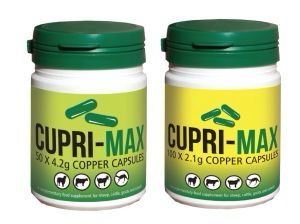 CUPRI-MAX nutritional supplement bottles for sheep and lambs, featuring copper capsules to support herd health and address copper deficiency.