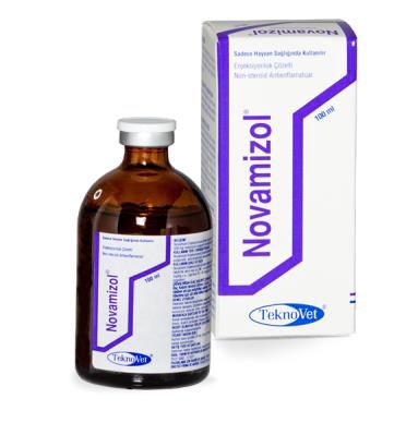 NOVAMIZOL veterinary syringe for animals, 100ml bottle with box, used as anti-inflammatory and sedative for camels, cows, and horses.