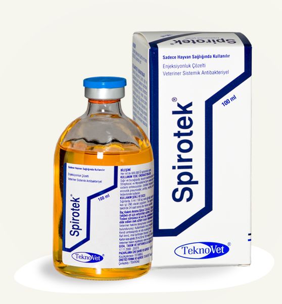 SPIROTEK antidote injection solution for animals, 100ml bottle with box, used to treat bacterial infections in camels and horses.