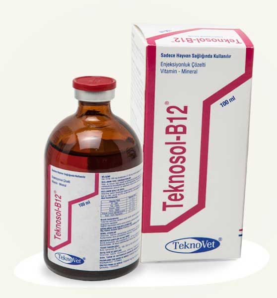 TEKNOSOL B12 injectable solution for animals, 100ml bottle with box, used to treat various health conditions in livestock and pets.