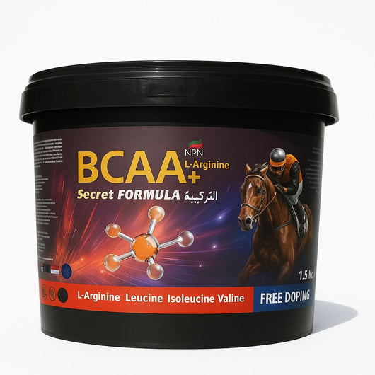 BCAA+ Powder - BCAA Muscle Recovery Supplement for camels and horses with L-Arginine, Leucine, Isoleucine, and Valine in 1.5kg container.