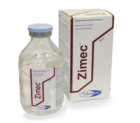 ZIMEC veterinary injection solution bottle and packaging for treating internal and external parasites in cattle, sheep, camels, and horses.