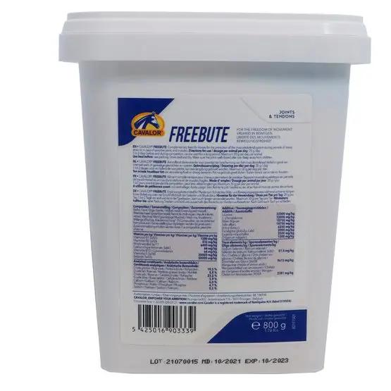 Back label of FREE BUTE POWDER 800g by Cavalor showing ingredients and dosage for horse joint and tendon health. Veterinarian-recommended formula.