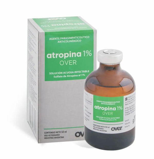 ATROPINA - Atropine Sulfate Injection 1% for veterinary use, shown with box and vial. Antispasmodic treatment for camels, horses, and livestock.