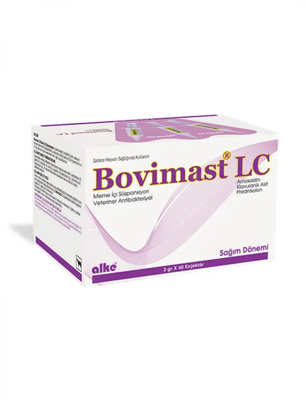 Bovimast LC bovine mastitis treatment box for lactating cows, featuring amoxicillin, clavulanic acid, and prednisolone for rapid udder recovery.