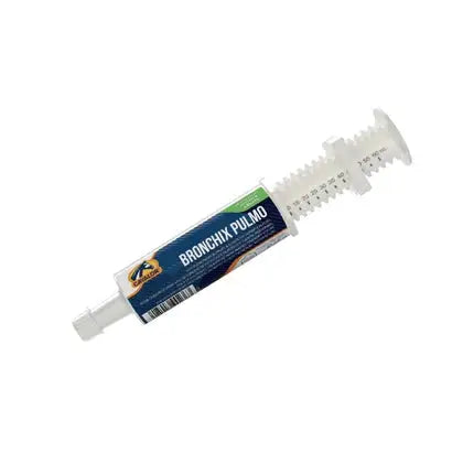 Cavalor Bronchix Pulmo paste syringe for horses, supports respiratory system and boosts endurance. Ideal for competitive equine strength.