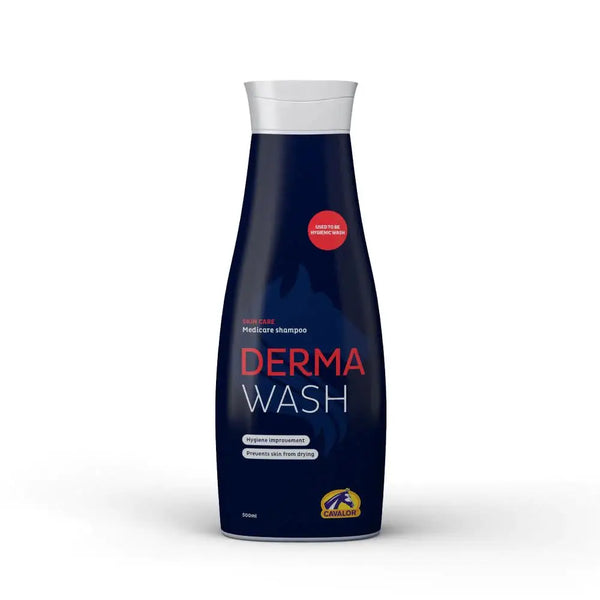 CAVALOR DERMA WASH medicated shampoo bottle for horses, designed to deep-clean, soothe skin, and enhance coat shine. Ideal for equine skin care.