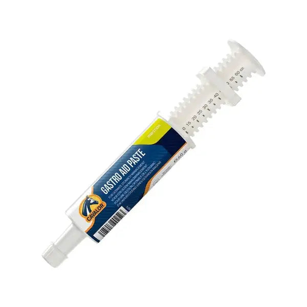 Cavalor GASTRO AID PASTE syringe for horse and camel stomach ulcer prevention, ideal for equine digestive health support.