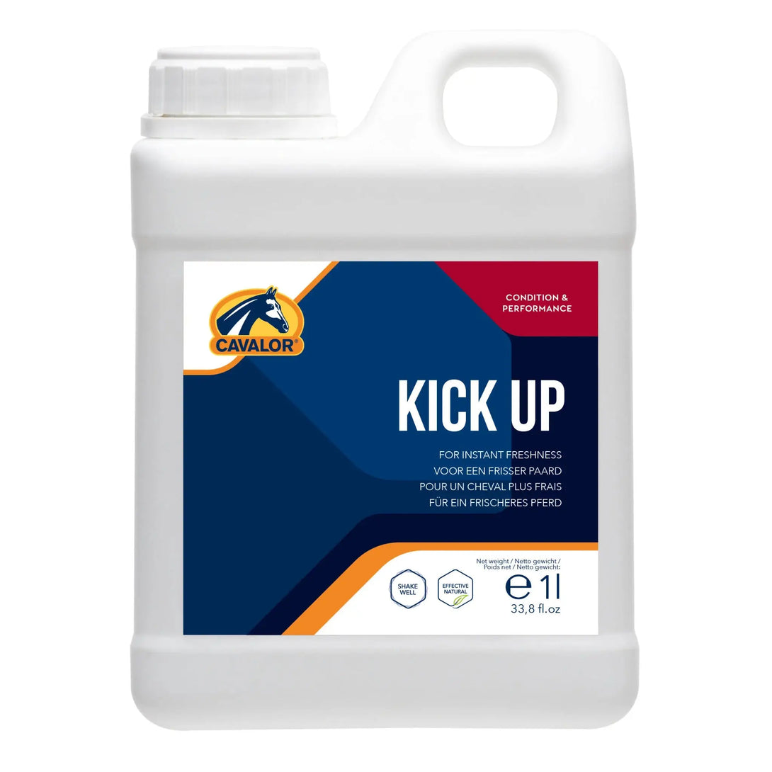 Cavalor Kick Up 1L energy supplement for horses, designed to revitalize calm horses and boost performance. Ideal for temporary energy decline.