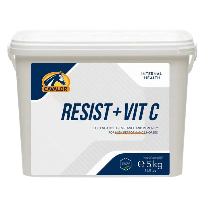 Cavalor Resist + Vit C 5kg equine supplement, natural formula to enhance resistance and recovery in performance horses.