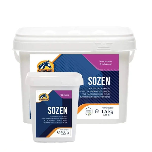 Cavalor SoZen calming powder supplement for horses, 1.5kg and 400g containers, ideal for nervous or active horses during stress or competition.