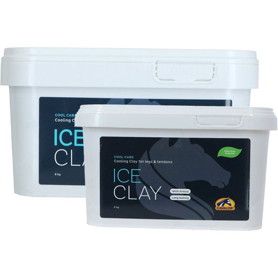 Cavalor Ice Clay natural muscle relief for horses in 8kg and 4kg tubs. Cooling clay reduces swelling and promotes recovery after exercise.