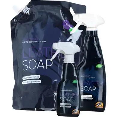 Leather Soap - Leather Cleaner for Tack in spray bottles and refill pouch. Ideal for horse saddles and bridles, maintains leather suppleness.