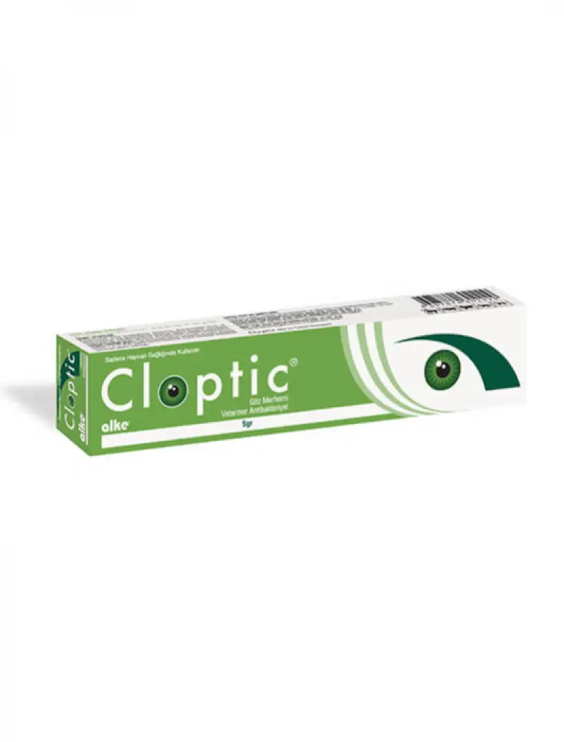 Cloptic veterinary ophthalmic ointment for pets, 5g tube with antibacterial cloxacillin for treating eye infections in cats and dogs.