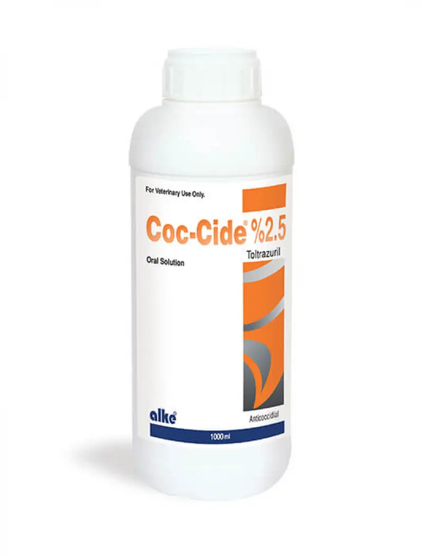Coc-Cide 2.5% Toltrazuril oral solution for poultry coccidiosis treatment in 1000ml white veterinary-use bottle with orange label.