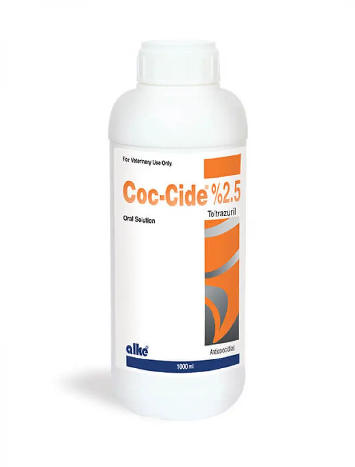 Coc-Cide 2.5% Toltrazuril oral solution for poultry coccidiosis treatment in 1000ml white veterinary-use bottle with orange label.