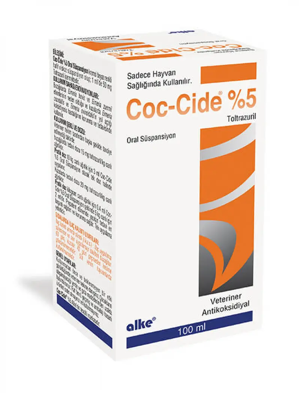 Coc-Cide 5% oral suspension for coccidiosis control in calves and lambs, 100ml veterinary supplement with 50 mg toltrazuril per ml.
