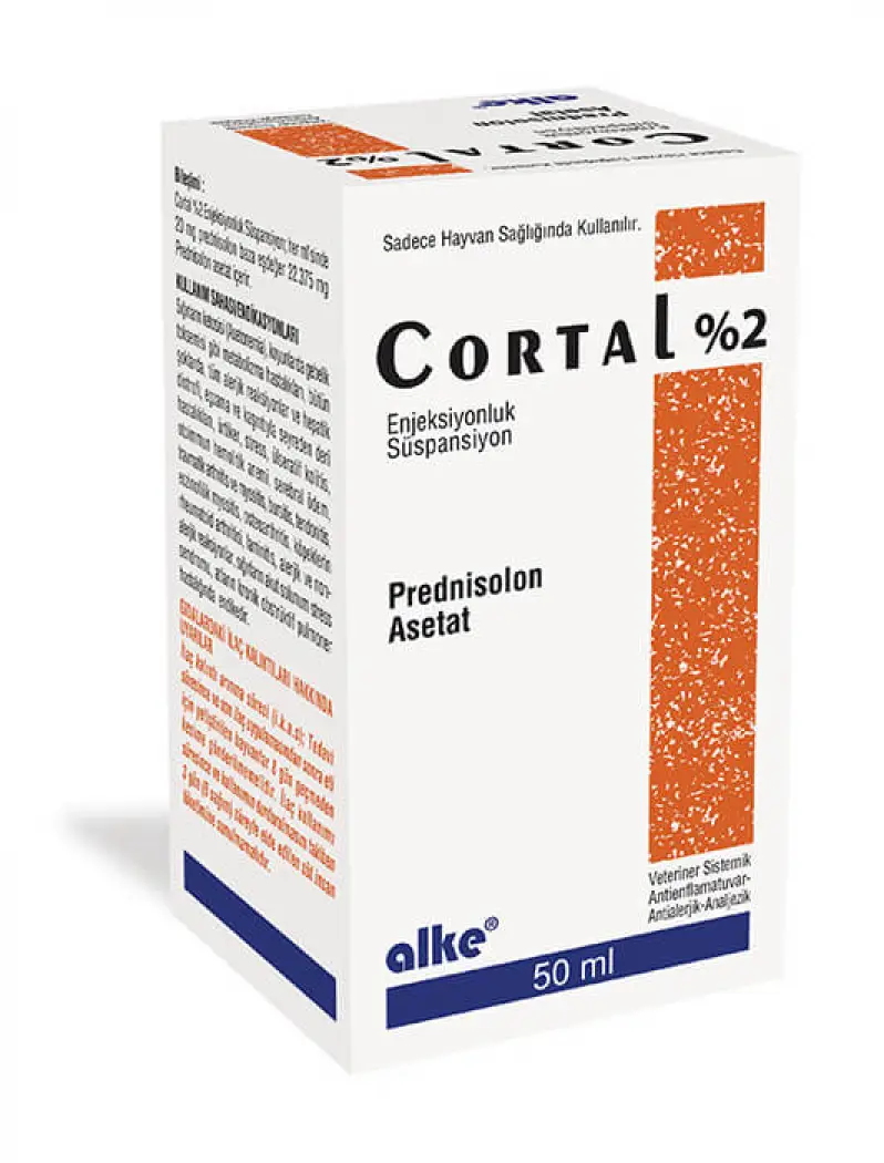 Cortal %2 pet supplement for inflammation in dogs, cats, horses, and cattle; 50ml injectable with anti-itch and anti-swelling benefits.