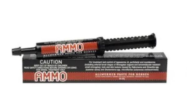 AMMO ALLWORMER Paste for horses shown in a black and red syringe applicator on product box, offering comprehensive parasite protection.