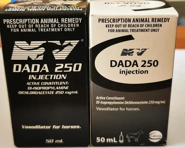 DADA 250 Injection 50ml box packaging for horses, supports performance and recovery with Di-Isopropylamine Dichloroacetate 250 mg/ml formula.