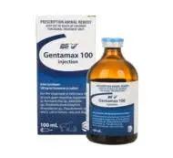 Gentamax 100 Injection for horses and camels, a powerful veterinary supplement supporting uterine health in mares, 100mL bottle with box.