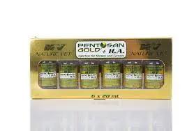 PENTOSAN GOLD & HA INJECTION for horses and camels, 6 x 20mL vials in gold packaging, used for joint support and indigestion treatment.