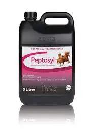 Peptosyl Oral Suspension 5L for horses and camels, used to treat gastrointestinal issues; labeled for animal treatment only.
