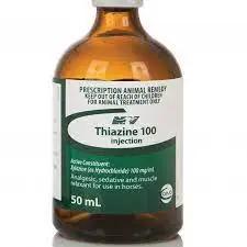 Thiazine 100 Injection 50mL bottle for horses and camels, a triple-action analgesic, sedative, and muscle relaxant for animal pain relief.