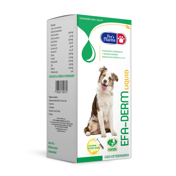 Efa-Derm Liquid 125Ml pet supplement for skin health with Omega 3, 6, 9. Ideal for dogs and cats with dry skin and shedding issues.