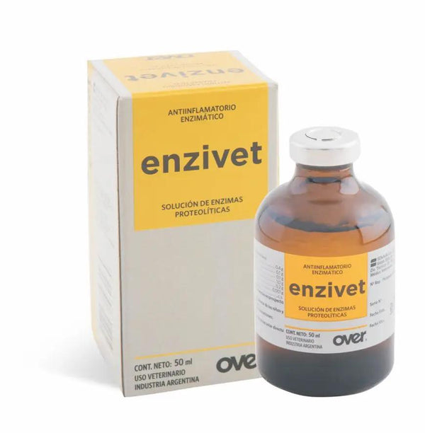 ENZIVET anti-inflammatory solution for animals in 50ml brown glass bottle with box packaging. Enzymatic formula ideal for camels, horses, and pets.