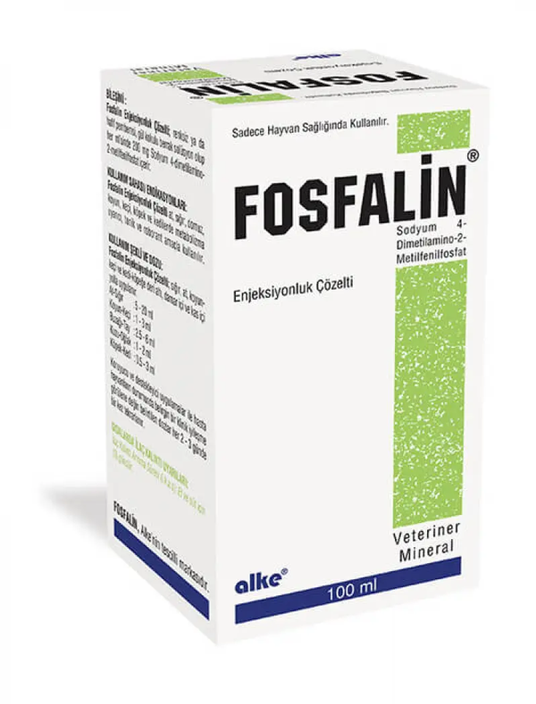 Fosfalin phosphorus supplement for livestock in 100ml veterinary mineral injection form. Supports bone health and energy in cattle, horses, sheep, and goats.