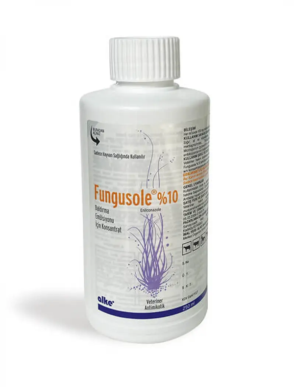 Fungusole 10% EC antifungal solution for pets and livestock in a white plastic bottle. Vet-recommended treatment for fungal infections in animals.