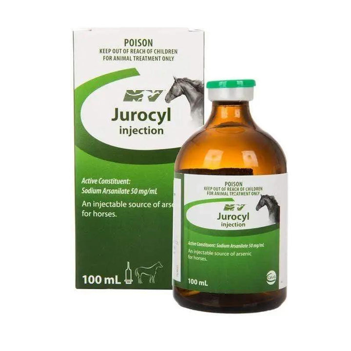 JUROCYL INJECTION 100mL with packaging, designed to revitalize horse health using sodium arsenilate for liver and skin condition improvement.