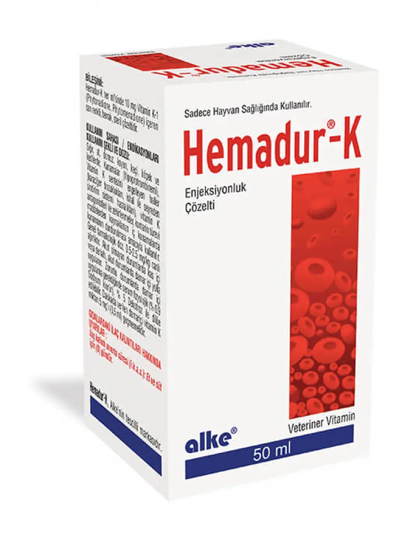Hemadur-K vitamin K injection for pets in 50ml box packaging, supports rapid blood clotting in animals like camels, cows, and horses.