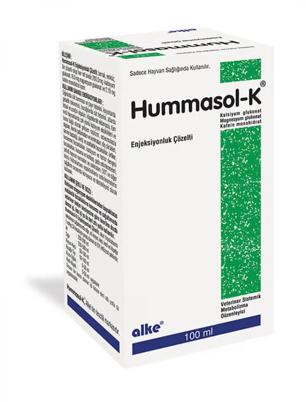 Hummasol-K - Electrolyte Balance for Animals pet supplement box, 100ml injectable solution for calcium and magnesium restoration in livestock and pets.