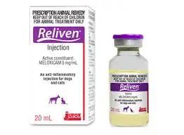 Reliven Meloxicam 20mL injection with packaging, an NSAID pain relief solution for dogs and cats with musculoskeletal issues.