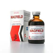 MACFIELD equine injury recovery injection bottle and packaging for tendon, ligament, and joint support in sport horses.