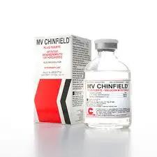 MV CHINFIELD respiratory energizer supplement for camels, shown with product box and vial. Boosts endurance and breathing in sport animals.
