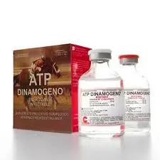 ATP DINAMOGENO equine performance supplement with two injectable vials and branded box featuring a racehorse. Boosts energy and delays fatigue in horses.