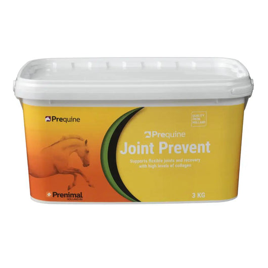 JOINT PREVENT | جونت برفنت complementary feed for horses in a 3KG container by Prequine, supports joint flexibility and recovery with collagen.