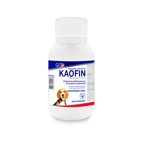 Kaofin veterinary diarrhea treatment for pets in 60ml oral suspension bottle. Fast relief for dog digestion and gastrointestinal issues.